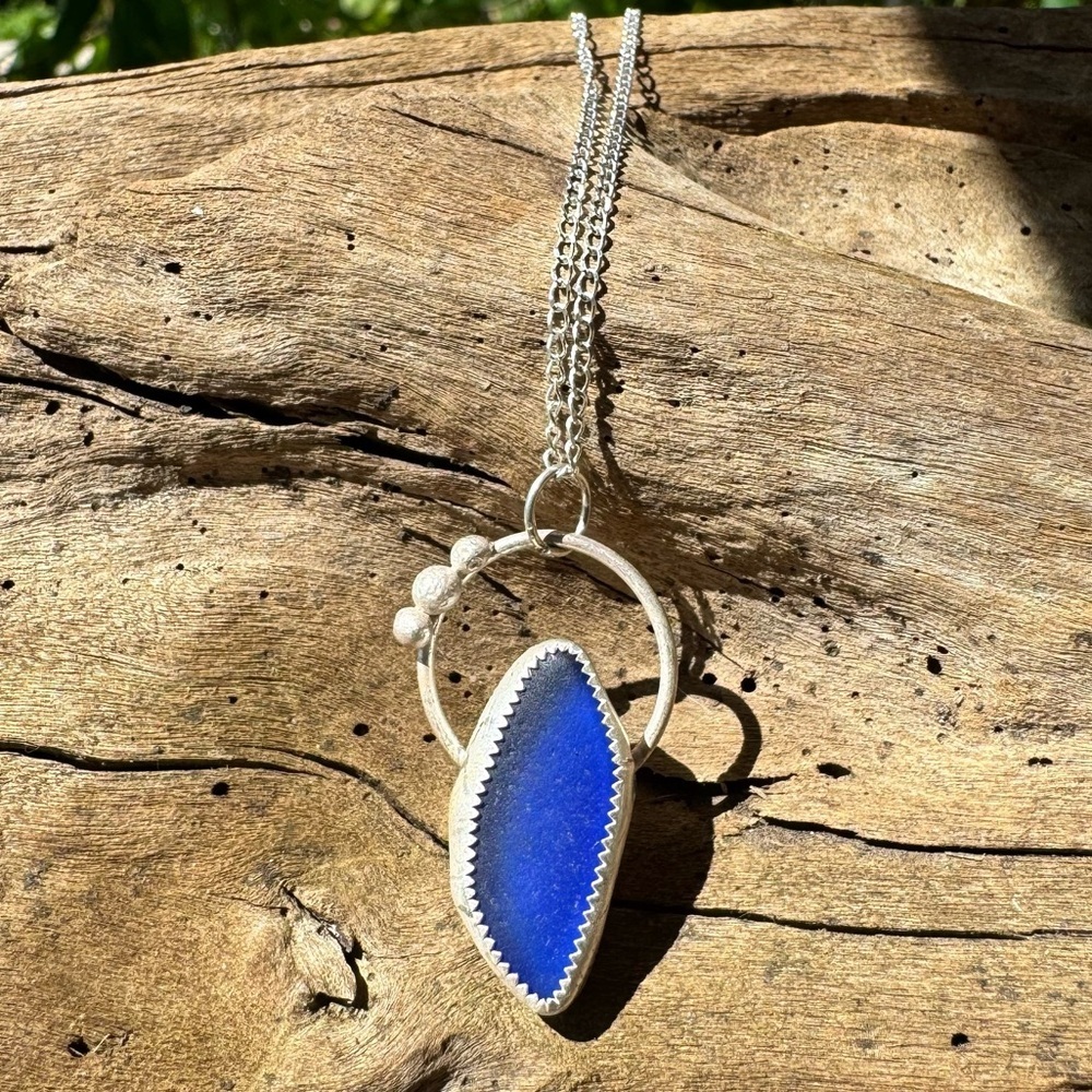 Cobalt blue sea glass Handmade 995 925 sterling silver soldered necklace - Picture 4 of 5